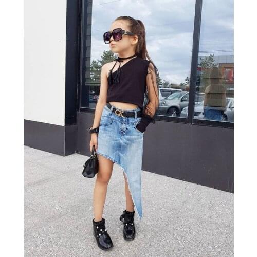 3Pcs Kids Summer Outfits, Baby Girl Mesh Sleeve One Shoulder T-shirt +Irregular Denim Skirt + Tie-Up Fringe Neck Adornment, 1-6Y