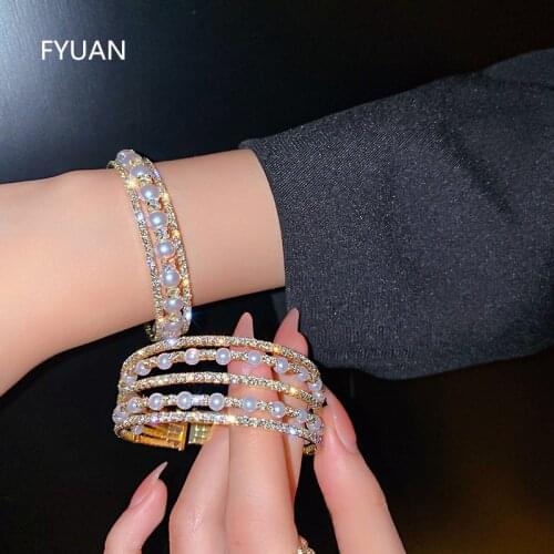 FYUAN Fashion Geometric Multilayer Rhinestones Bracelet & Bangles For Women Pearl Cuff Bracelets Weddings Jewelry