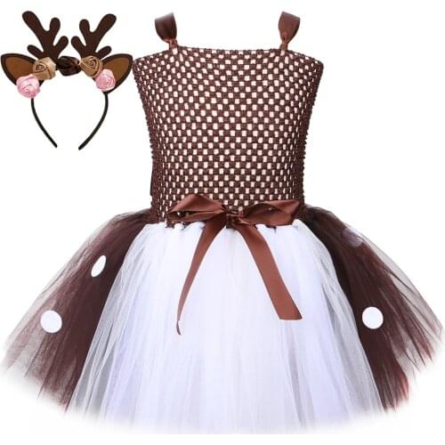 Brown Deer Tutu Dress Kids Tulle Princess Dress Children Halloween Costume Purim Reindeer Dress Up For Girls Christmas Clothes