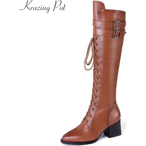 Krazing pot streetwear cow leather pointed toe high heels zipper keep warm women buckle decoration riding thigh high boots L1f2