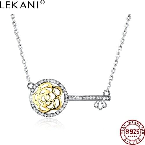 LEKANI 925 Sterling Silver Hollow Out Flower Shape Necklace For Women Shining Cubic Zirconia Key Pendant Necklaces Fine Jewelry