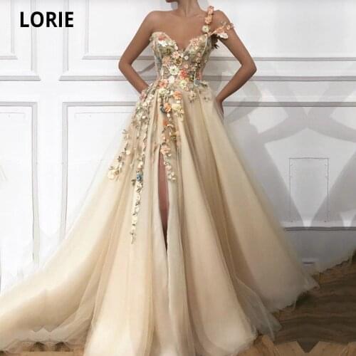 LORIE Elegant Prom Dress Long V-Neck Appliques with Flowers Handmade Side Split Tulle Evening Gowns Party Graduation Dresses