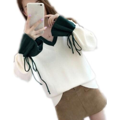 Sweet Long Flare Sleeve Women Sweater2018New V-Neck Autumn Women Short Knitted Tops Female Warm Sweater Jumper Plus Size 3XLQ975