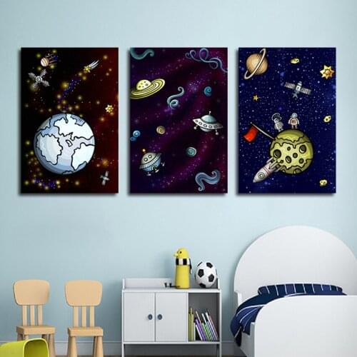 Cartoon Universe Decorative Painting Planet Astronaut Spaceship Canvas Painting Home Decor Poster For Child Living Room Bedroom
