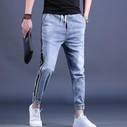 Men Blue Baggy Jeans Harem Pants Summer Fashion Side Stripe Loose Elastic Waist Ankle-Length Pants