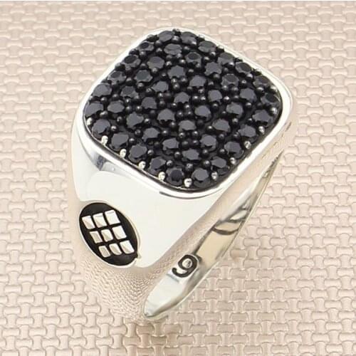 Rectangle Black Zircon Multi Stone Men Silver Ring With Symmetrical Motif Solid 925 Sterling Silver