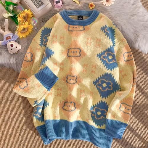 Korobov 2021 Autumn Winter New Cartoon Sweater Korean Hit Color Patchwork Knit O Neck Pullovers Japanese Kawaii Sweater