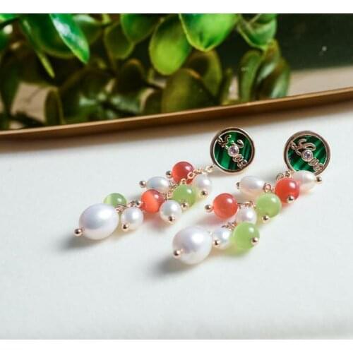 New Natural Pearl Earrings Multicolor Agate Real Freshwater Pearls Long Grape Gold Plated Chain Earring Fine Jewelry For Lady