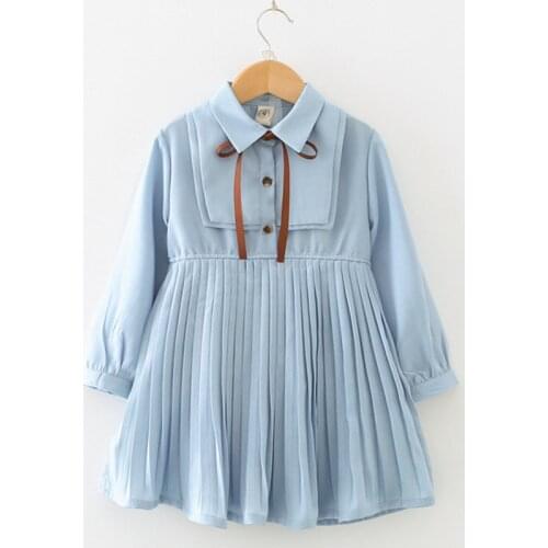 Girl Dress Korean Temperament Pleated Dress Girl Autumn New Waist Long Sleeve Mid-Length Cute Dress