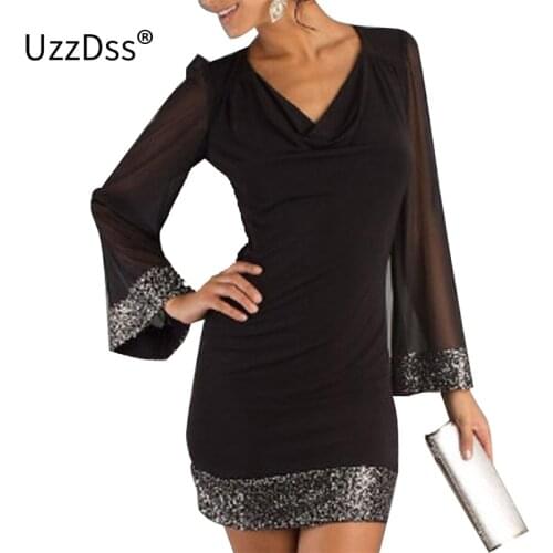 UZZDSS New Arrival Chiffon Straight Women Dress 2021 Elegant England Style Spring Good Quality Above-knee Length Sequin Dresses