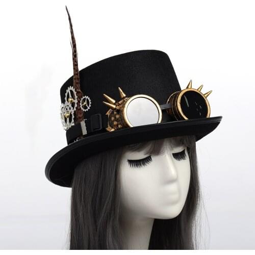 Steampunk Hat Men Women Gothic Black Top Head Wear with Goggles
