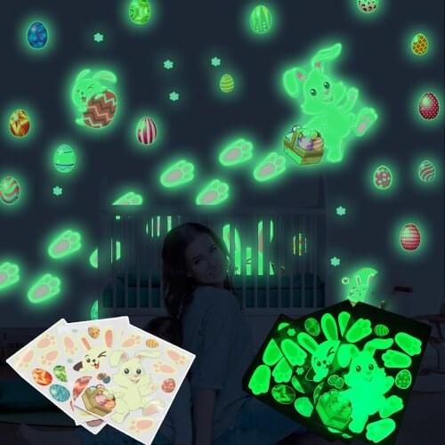 Vacclo Easter Bunny Footprints Egg Luminous Wall Stickers Happy Easter Holiday Decoration Cartoon Animals Self-adhesive Paper