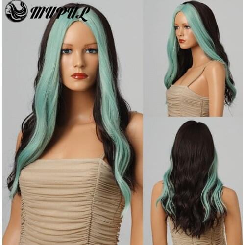 Green Half Brown Ombre Long Colored Hair Wave Synthetic Wig For White Women Cosplay Nutural Heat Resistant Fiber Female Wigs