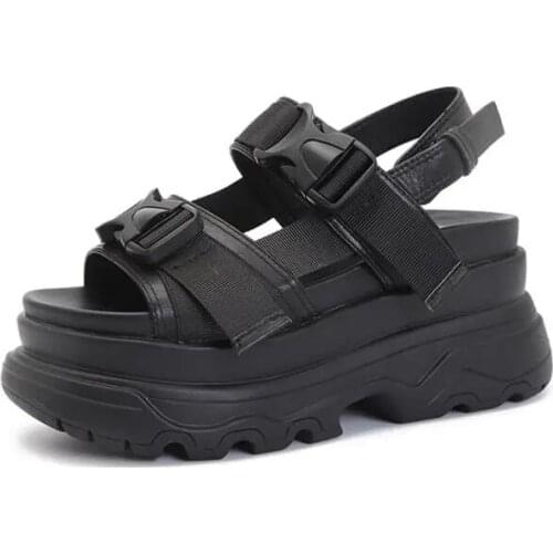 2021 Summer New 8cm Platform Sandals Women Wedge High Heels Shoes Women Buckle Leather Canvas Zapatos Mujer Wedges Woman Sandal