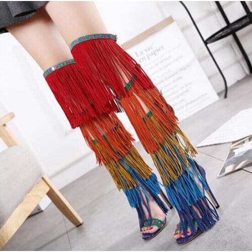 Hot Rainbow Fringe Women Over The Knee Boots Sexy Open Toe Buckles Side Ladies Gladiator Boots Zipper Back High Heel Boots