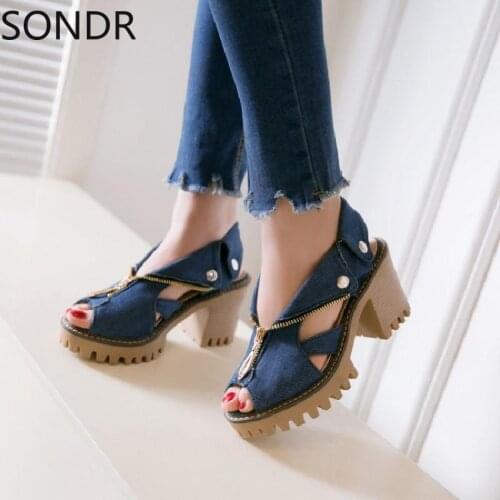 Womens Denim Jeans V-collar Zipper Block Heel Sandals Cut Out Peep Toe Summer Slingback Shoes Cowboy Plus Size New 2021
