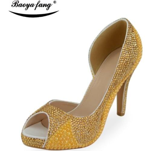 BaoYaFang Gold pearl and crystal Womens wedding shoes Peep toe Open side Fashion shoes woman party dress shoes 8cm/10cm Fish toe