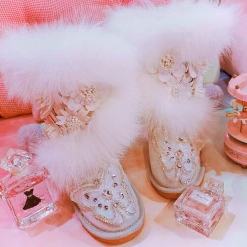 Winter custom three-dimensional flower leather warm womens boots trend rhinestone three-dimensional butterfly snow boots