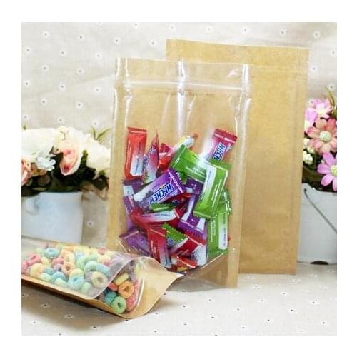100pcs Stand up pouch Translucent kraft Zip Lock bag Front clear kraft paper zipper self sealing plastic pouch/bag with zipper