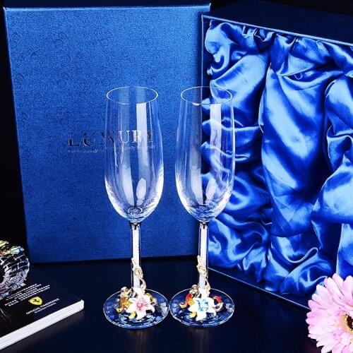 2 pcs / set Gift box enameled wine glass Crystal champagne flutes glasses Goblet Party wedding Decoration supplies
