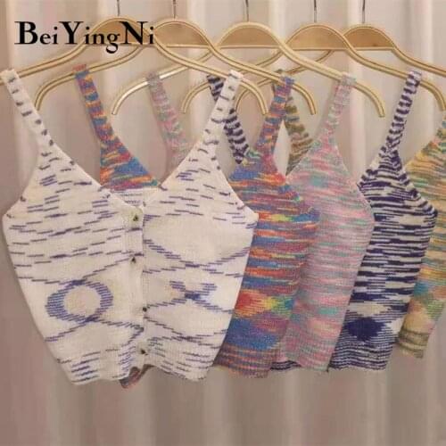 Beiyingni 2021 Korean Fashion Tank Tops Female Spell Color Streetwear Vintage Chic Kawaii Corset Top V-neck Camisole Knitted