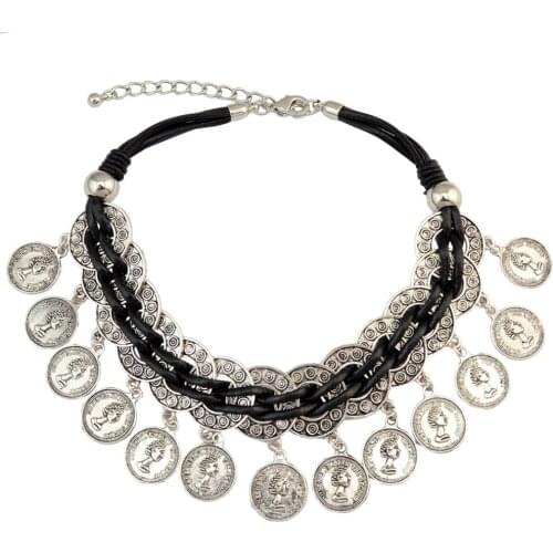 Bohemian Gypsy color Plated Chain Fashion Statement Necklace Coin Tassel Pendant Necklace Collar For Women Decoration Jewelry