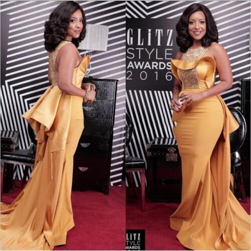 Elegant Gold Celebrity Dresses Red Carpet African Mermiad Satin Beaded Formal Evening Gowns With Train Plus Size Prom Dress 2020