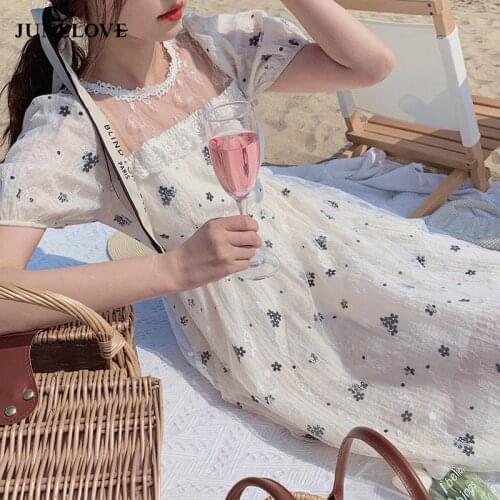 JuneLove Elegant Vintage Print Dresses Women Kawaii Sweet Patchwork Bubble Sleeve Dress Pretty Romantic Summer Light Dress 2021