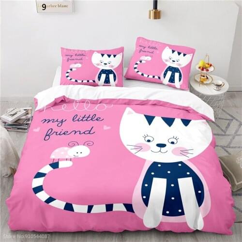 Cute Cartoon Cat Printed Bedding Set Children Rose Red Duvet Cover Set Pillowcase Boy Girls Bedclothes Twin Queen King Bed Linen