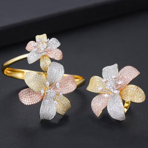 LARRAURI Latest Exquisite Three Tones Colors Sunflower Shape Bangle Ring Set Inlay Zircon Copper Jewelry For Women Banquet Ornam