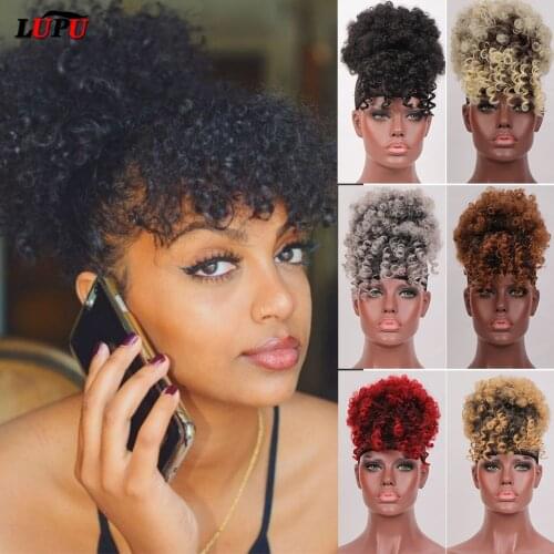 LUPU Women Hair Bun Synthetic Afro Hairpiece Chignon With Curly Bangs Black Brown Blond Red Drawstring Ponytails Heat Resistant