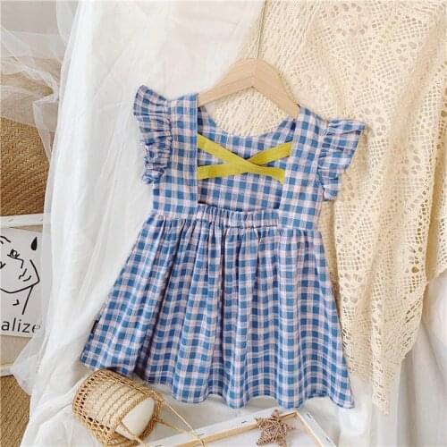 Fashion Plaid Dress For Girls Sleeveless Ruffles Style Knee Length Gowns For Kids 2 - 8 Years Children Casual Dresses Clothing