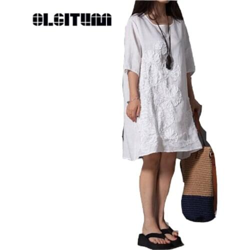 OLGITUM 2020 Fashion Dress Women Summer Dress Print Loose Female Half Sleeve Empire O-neck Linen Casual Knee Dresses DR244