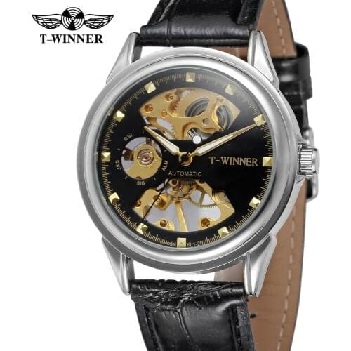 T-WINNER watch fashion trend black leather belt casual luxury automatic man wrist mechanical watch