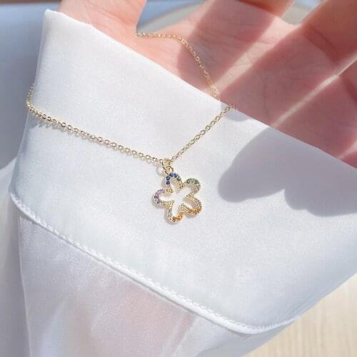 14K Real Gold Colored Cubic Zircon Flowers Hollowed Out Simple Temperament Clavicle Chain Necklace for Women Date Jewelry