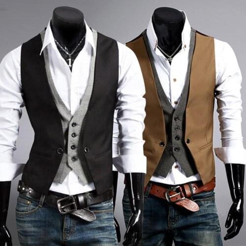 Men Fake Two-pieces V Neck Sleeveless Button Pocket Waistcoat Jacket