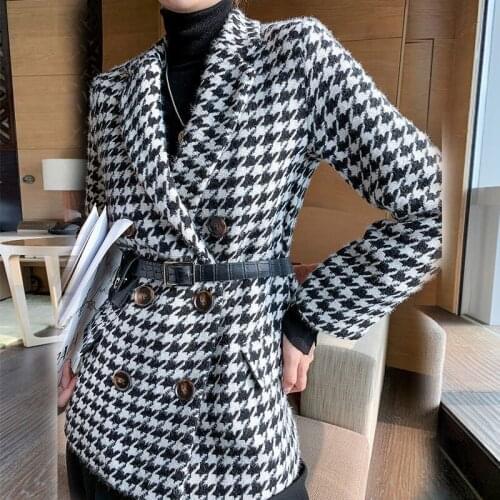 New Spring Autumntemperament Coats Suit Houndstooth Woolen Coat Thickened Jacket With Blet Bag