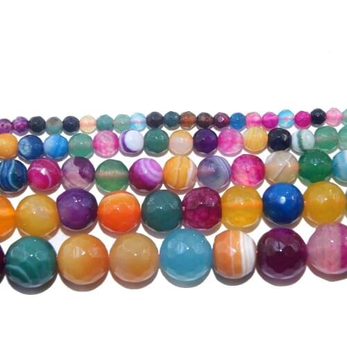 Faceted Natural Stone Colorful Stripe Agates Round Loose Beads 4 6 8 10 12 MM Pick Size For Jewelry Making DIY Bracelet Necklace