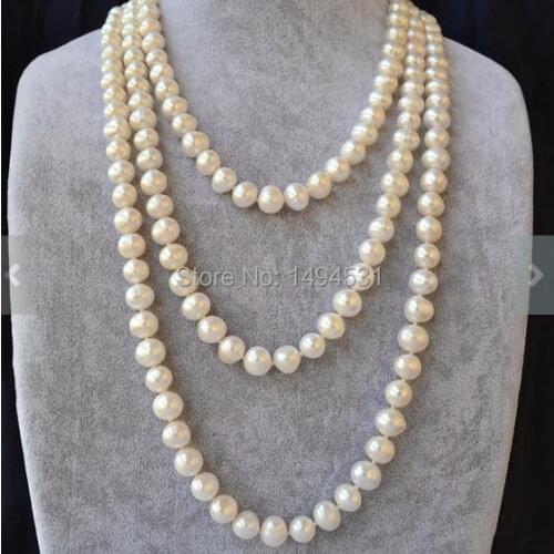 Wholesale Pearl Jewelry , 60 Inches White Color AA 9-10MM Genuine Freshwater Pearl Necklace - Handmade - New Free Shipping
