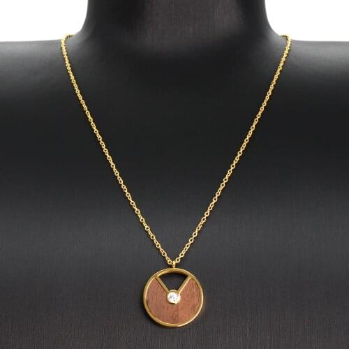 Classic Style Stainless Steel and Wood Necklace with Diamond Inside for Ladies Wood Jewelry