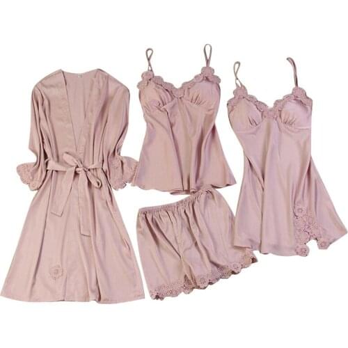 Sexy 4-piece pajamasSatin Silk Pajamas Women Nightdress Lingerie Robes Underwear Sleepwear Sexy Feihe printed satin pajamas