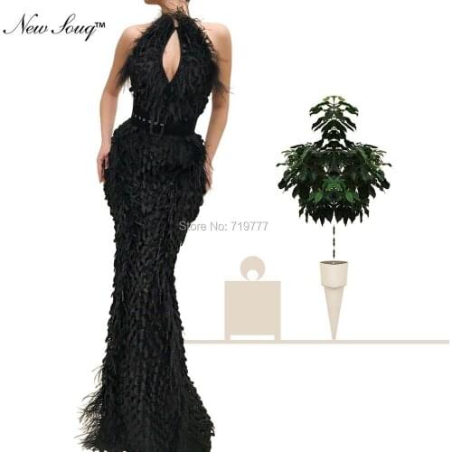 Black Feather Long Evening Dresses Arabic Couture Mermaid Sexy Prom Dress With Black Belt 2019 Dubai Party Gowns Robe De Soiree