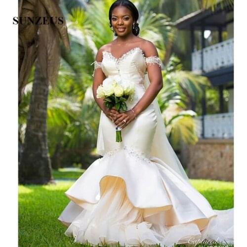Champagne African Wedding Dresses Mermaid Sweetheart Off Shoulder Wedding Gowns 2019 Shiny Beaded Sequins Puffy Bottom SW16