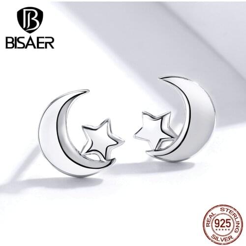 Moon Star Jewelry BISAER Hot Sale 925 Sterling Silver Moon And Star Exquisite Small Stud Earrings Stud Silver Jewelry ECE726