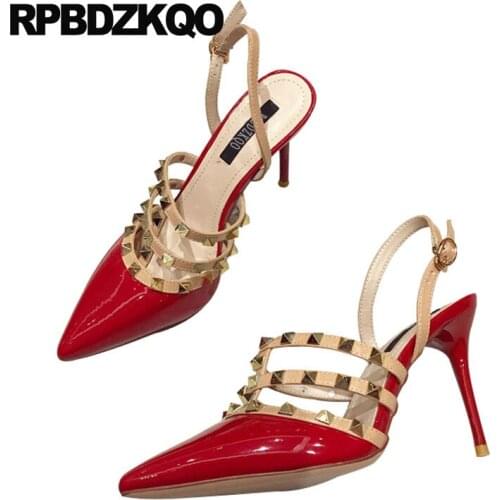Closed Toe High Heels Red Rivet Designer Pumps Women Stiletto Pointed Stud Shoes Slingback Spring Sandals Patent Leather
