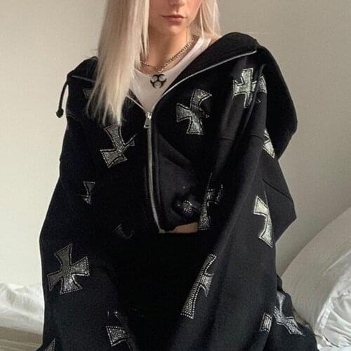 Y2K Thicken Top Zip Up Sweatwear 90s Patchwork Hoodie Women Casual Sweatshirt Trendy Streetwear 2021 Autumn Clothes