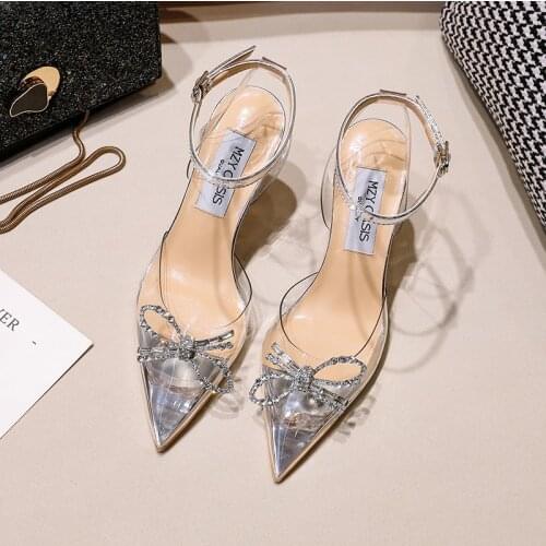 2021 Hot Sales Crystal Bow Thin High Heels Sandals Women Sexy Pointed Toe Wedding Party Shoes Woman Ankle Strap Slingback Pumps