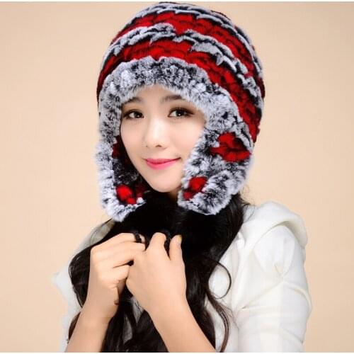 2016 Lady Real Knitted Rex Rabbit Fur Bomber Hats Winter Genuine Women Fur Caps Female Headgear Ear Protector 0705
