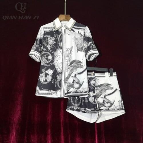 Qian Han Zi Designer Fashion Summer two piece set Womens short sleeve beaded shirt and retro printed shorts pants suit set