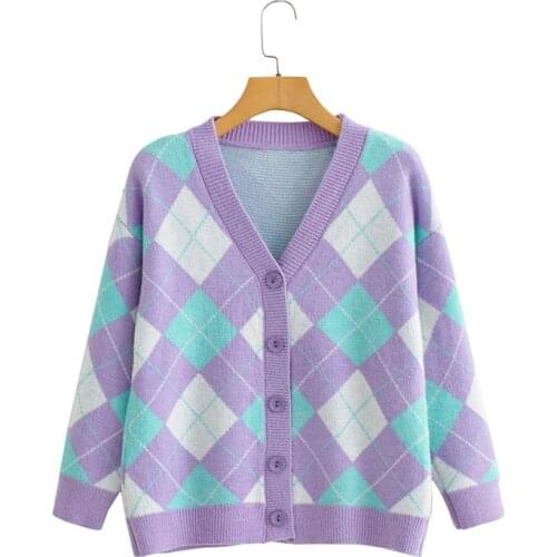 Fall 2021 Argyle Knit Cardigans Women Korean Fashion V-Neck Purple Sweater Female Preppy Style Casual Loose Cropped Cardigan